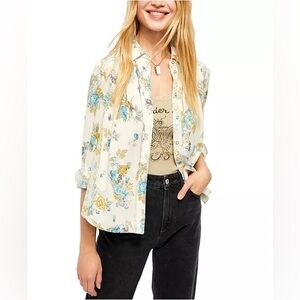 Free People Floral Button Down Shirt - White and Blue